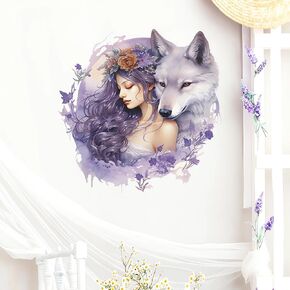 Vivid Purple Wolf Girl Wall Stickers, sacinora Creative Cold Beauty Art Wall Decals Removable Vinyl Peel and Stick for Nursery Living Room Bedroom Children's Room Decorations