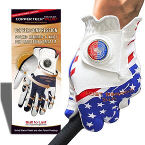 Copper Tech Men's Golf Gloves Left Hand - USA Flag Golf Glove with Ball Marker - Perfect for Summer Golfing - 100% AAA Tacky Synthetic Leather Only (Hand Orientation: Left, Medium-Large)