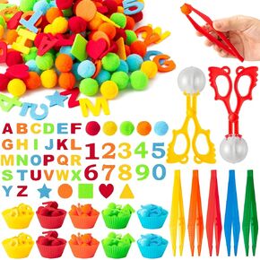 Letters Numbers Sensory Bin Fillers - 240 Alphanumeric Fine Motor Toys Color Counting Sorting Set for Kids, Felt ABC Letter Math Symbols Pom Poms Cup Clip for Preschool Education Activities
