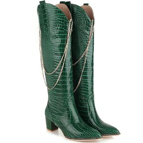 LEHOOR Women Chunky Heel Knee High Western Boots Wide Calf Pointed Toe Crocodile Cowboy Boots Gold Chain V-Cut Pull Up 2 Inch Mid Stacked Heel Long Boots Cowgirl Sexy Retro 4-14 M US