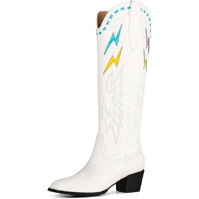LinnOaks Pink Cowboy Boots for Women Almond Round Toe Chunky Mid Heel Knee High Boots Pull On Embroidered Wedding Party Dress Cowgirl Boots