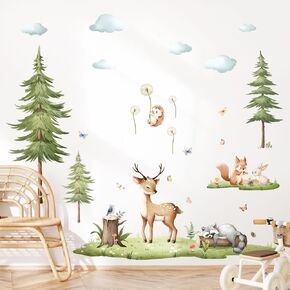 Woodland Animals Wall Decals Watercolor Pine Tree Lawn Wall Stickers Peel and Stick Deer Squirrel Small Animals Wall Art Decor for Kids Bedroom Living Room Nursery Playroom Classroom Wall Decor