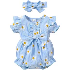 puseky Newborn Baby Girls Romper Clothes Ruffled Short Sleeve Romper Bodysuit Jumpsuit with Headband Sets