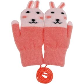 Toddler Girls Boys Rabbit Winter Warm Knit Mittens with String Bunny Kids Baby Soft Thick Fleece Lined Gloves