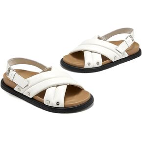 BEAU TODAY Women's Crisscross Open Toe Slide Footbed Sandals Flat Comfort Slip on Sandals Genuine Leather Wide Width Band Strap Buckle Summer Shoes for Beach