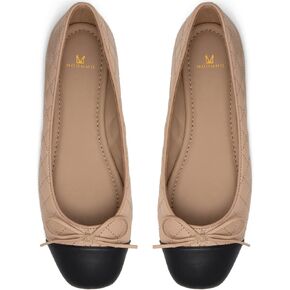 MOOMMO Women Cap Toe Flats Bow Slip On Ballet Flats Comfort Quilted Colorblock Flat Shoes Round Toe Flat Heel Dress Shoes Office Ladies Party Chic Driver Flats Chic Quilted Beige 8 M US