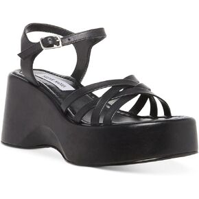 Steve Madden Womens Crazy 30 Leather Wedge Sandals Black 11 Medium (B,M)