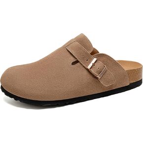 Women's Suede Clogs Soft Leather Mules Adjustable Buckle Slip-on Cork Footbed Potato Shoes with Arch Support Camel40