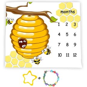 F-FUN SOUL Honeycomb Bee Baby Monthly Milestone Blanket 48x40in Nursery Newmom Gifts Age Growth Tracker with Bonus Marker LHFS835