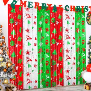 LOLStar Foil Fringe Curtains - Christmas Themed Red, Silver, Green - 3.3 x 6.6 ft Photo Backdrop for Ugly Sweater Parties