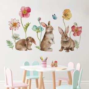 Mfault Easter Bunny Rabbit Wall Decals Stickers, Poppy Flowers Nursery Decorations Living Room Bedroom Art, Spring Holiday Kids Room Home Kitchen Decor Gifts