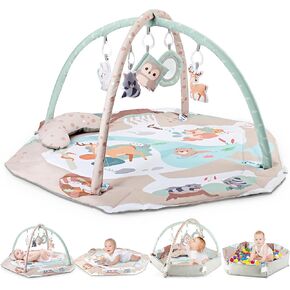 AIBOMUDA Baby Gym Play Mat,Baby Activity Play Mat & & Ball Pit,Washable Tummy Time Mat with 5 Sensory Baby Toys,Boy & Girl Gifts for Inflant Baby 0 3 6 9 13 Months