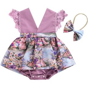 Newborn Baby Girl Easter Bunny Romper Dress Ruffle Lace V Neck Rabbit Print Tutu Dress My First Easter Outfit 0-24 M