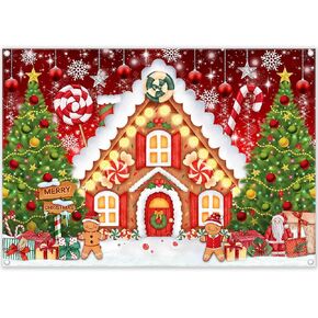 ZTHMOE 7x5ft Polyester Christmas Gingerbread House Photography Backdrop Santa Merry Xmas Tree Lollipop Background Winter Snowflake Party Decorations Photo Banner Props with Four Holes Easy to Hang