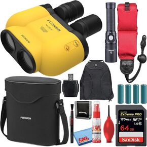 Fujifilm Fujinon 14x40 TSX1440 Techno-Stabi Image-Stabilized Binoculars (Yellow) (16804707) Bundle with SanDisk 64GB Extreme PRO SD Card + Flashlight + Backpack + Floating Strap + Cleaning Kit
