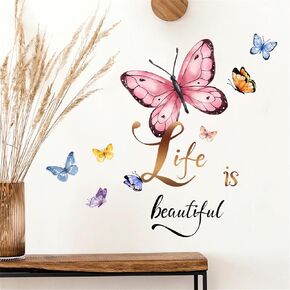 Colorful Butterflies Slogan Wall Stickers, sacinora DIY Art Wall Decals Life is Beautiful Removable Vinyl Peel and Stick for Living Room Bedroom Bathroom Nursery Playroom Decorations