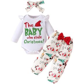 New Born Infant Unisex Baby Boys Girls 3Pcs Christmas Outfits Ruffle Sleeve Romper + Bow Printing Pants+ Headband