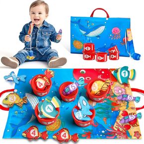 OLIBUY Montessori Toys for 1 Year Old Toddler - 22 Pcs Cloth Fishing Game for Toddlers 1-3 with Stacking Cup, Number Counting, Color and Shape Sorter Learning for Toddler Boy Girl