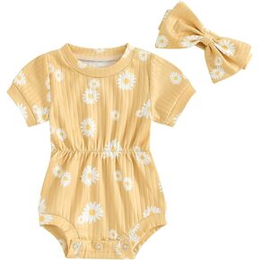Newborn Baby Girl Clothes Short Sleeve One Piece Romper Bodysuits with Headband Cute Summer Outfits (Yellow, 6-9 Months)
