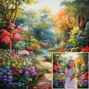 DASHAN 8x8ft Garden Scenery Photo Backdrop Painting Lanscape Photography Backdrop Colorful Jungle Forest Background Nature Flowers and Trees Backdrop Photo Prop Nature Tapestry for Wall Decor