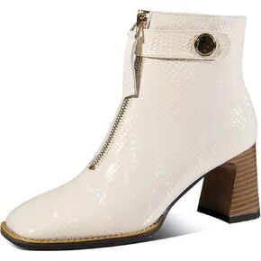 TinaCus Patent Leather Women's Handmade Chunky Heel Side Zip Up Square Toe Ankle Boots with Front Zipper Decor