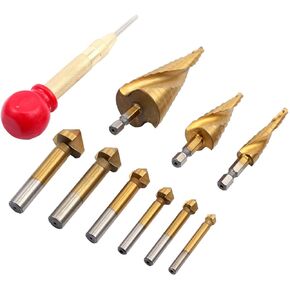 3 Pcs HSS Spiral Grooved Step Drill Bit for Drill and 6 Pcs HSS Countersink Drill for Deburring, A Center Punch with Rubber Cap for Marking
