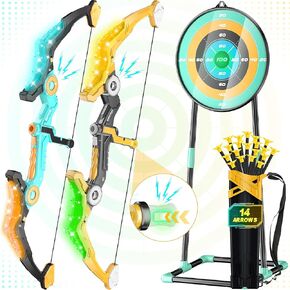 2 Pack Upgraded Kids Bow and Arrow Sets with Sound Effects& Color-Changing LED Flash Lights, Kids Achery set for Ages 4-6 6-8 8-12, Indoor Outdoor Toys for Ages 5-7 8-13 Boys Girls(green&gold)