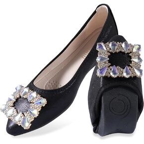 Women Ballet Flats Buckle Rhinestone Wedding Ballerina Shoes Foldable Sparkly Comfort Slip on Flat Shoes