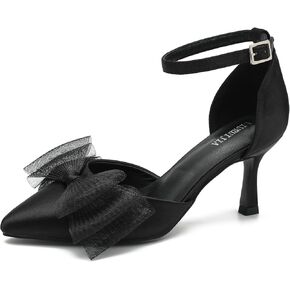 LIURUIJIA Women's Closed Toe Bow Heels Ankle Strap Pointed Toe Satin Low Heel Pumps Comfortable Wedding Bridal Party Prom Dress Shoes