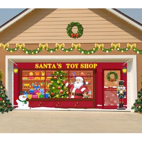Christmas Garage Door Banner Cover, Santa's Toy Store Hanging Backdrop Mural Decorations, Christmas Decor for Outdoor Indoor Home Yard Porch Party Wall Window Photo Background, 6 X 13 Ft