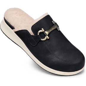 TEMOFON Mules Shoes for Women Dressy: Black Size 7 Comfortable Walking Fuzzy Mules for Woman - Slip On Arch Support Fur Lined Clogs