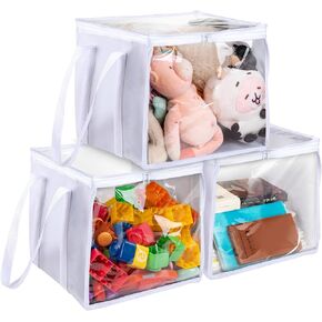 12 Inch Cube Storage Bins 3PCs Storage PVC Boxes Organizer Transparent Lid with Handles, Foldable Storage Box for Organizing Clothes, Toys, Blocks Organizer for Kids