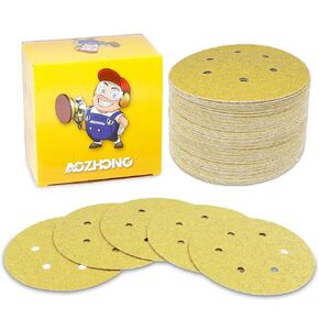 50pcs 60 Grit AOZHONG 6 inch 6 Hole Sanding Discs Aluminum Oxide Abrasive, Hook and Loop, Gold Sanding Disc for Random Orbital Sander