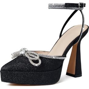 AMINUGAL Womens Rhinestones Bow Knot Platform Heeled Sandals Ankle Strap Pointed Toe Stiletto High Heels Fashion Dress Pumps Shoes For Women