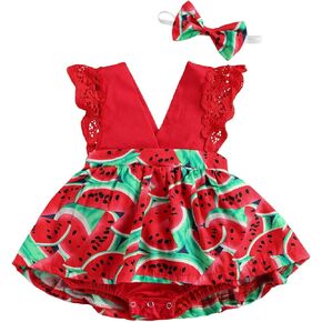 Newborn Baby Girl V-Neck Sleeveless Lace Floral Print Romper Dress Headband 2Pcs Summer Clothes Outfit Set