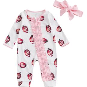Baby Girl Football Outfit Rugby Print Ruffle Long Sleeve Full Length Waffle Romper Tie Headband 2 Piece Fall Set