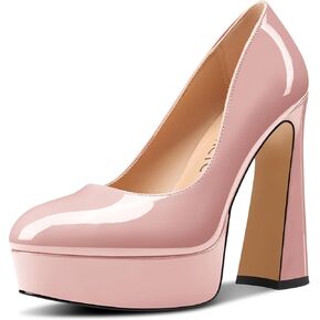 Castamere Womens Chunky Block High Platform Heel Round Toe Pumps Slip-on Office Dress Patent Leather 5.5 Inches Heels