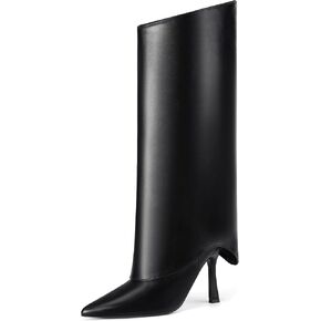 IDIFU Women's Knee High Boots Shark Fold Over Stiletto High Heel Pointed Toe Tall Boots Fall Comfortable Cute Fashion Dressy Sexy Trendy Boots Party Dance Club Long Boots Side Zipper Boots for Women