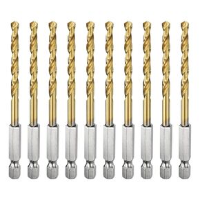 HARFINGTON 10pcs 1/4" Hex Shank Drill Bits 1/8" Gold Oxide M35 High Speed Steel Twist Drill Bit 135 Degree Split Point Tip Drilling Tool with Quick Change Hex Shank for Metal Wood Plastic