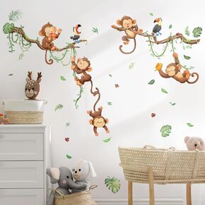 Monkey Climbing Tree Wall Decals Wall Decals Jungle Animals Vine Leaves Wall Stickers Baby Nursery Kids Room Living Room Bedroom Toddler Room Wall Decor