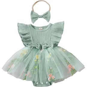 Douhoow Infant Baby Girl Summer Clothes Baby Girl Romper Dress Fly Sleeve Tulle Baby Dress Baby Romper with Headband