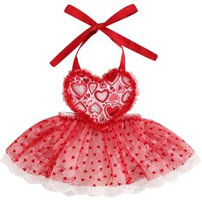 Infant Baby Girl Valentines Day Outfit Sleeveless Halter Romper Mesh Tutu Dress My First Valentines Day Outfit