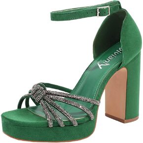vivianly Women's Rhinestone Platform Chunky Heels Square Toe Suede High Heeled Sandals Ankle Strap Adjustable Buckle Pumps