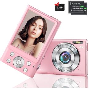 4K Digital Camera, 48MP Autofocus Vlogging Camera for YouTube Compact Camera for Photography with 16X Digital Zoom, 32GB SD Card, 2.8" IPS Screen, 2 Batteries and Battery Charger (Pink)