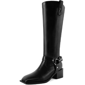 YODEKS Women's Knee High Boots 2 Inch Low Heel Pull On Buckle Strap Motorcycle Biker Riding Boots Size 6-12