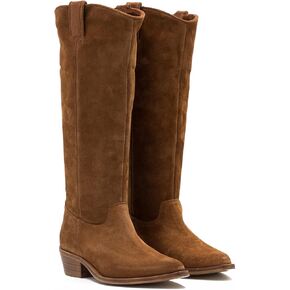 LEHOOR Women's Stacked Heel Brown Slouchy Knee High Western Boots Wide Calf Pointed Toe Suede Leather Brown Cowboy Boots Low Heel Pull On Tan Combat Boots Velvet Dress Comfort Brown Size 6 M US