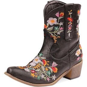 gloryinterest Cowboy Boots for Women Ankle Cowgirl Boots Western Flower Embroidered Square Toe Chunky Heel Stitched Retro Black Brown Red Blue Yellow Purple US5.5-10.5