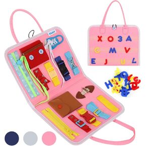 Esjay Busy Board for Toddlers, Montessori Toys to Learn Fine Motor Skill, Sensory Board, Toys Gifts for 1 2 3 4 Year Old Girls Boys, Toddler Learning Activities for Travel Airplane(Pink)