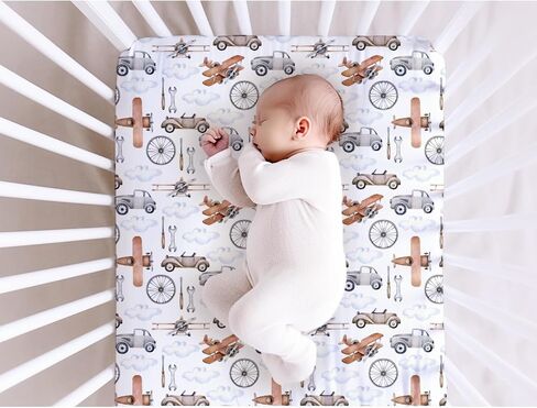 Baby Crib Sheets Fitted for Boys and Girls Vintage Car Plane Wheel Cloud Breathable Neutral Baby Sheet 28''x52'' Fits Toddler Bed or Crib Mattress, 4267584 in Saudi Arabia