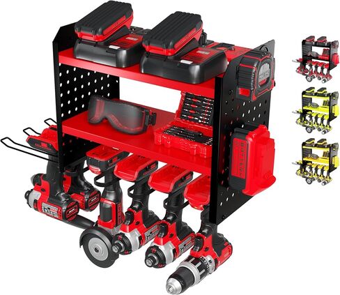 Power Tool Organizer-6 Drill Holder Wall Mount, 3 Tier Heavy-Duty Hand Tool Storage Rack, Utility Racks, Drill Holder, 2 Pegboard Sides - Garage Storage Cordless Tool Organizer (Red) in Saudi Arabia